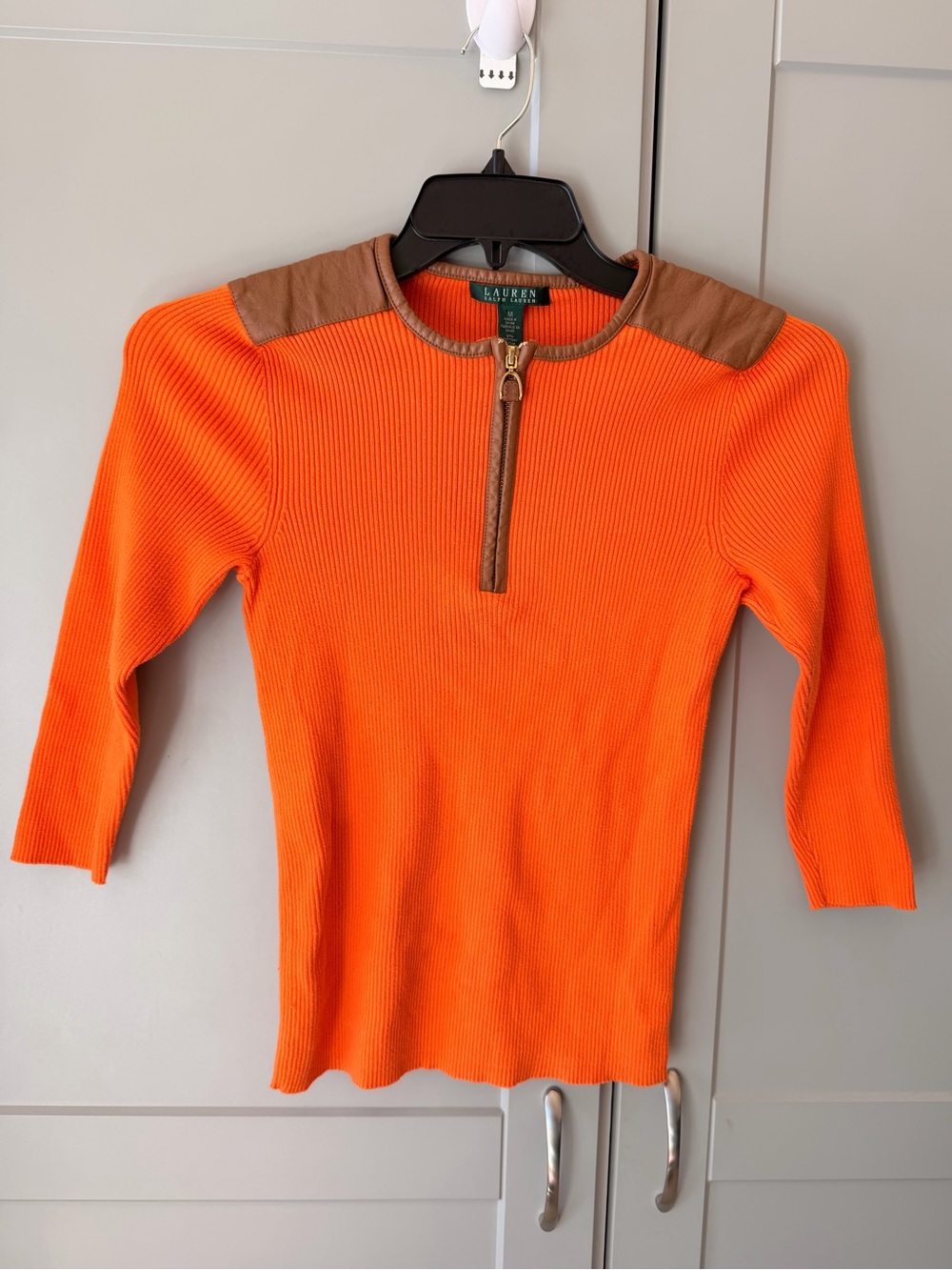 Y2K Lauren Ralph Lauren Orange Ribbed Quarter Zip Faux Leather Trim Top M